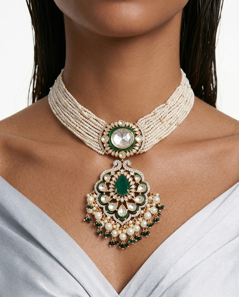 Abeer Emerald & Pearl Kundan Beaded Necklace Set – Necklace & Earrings