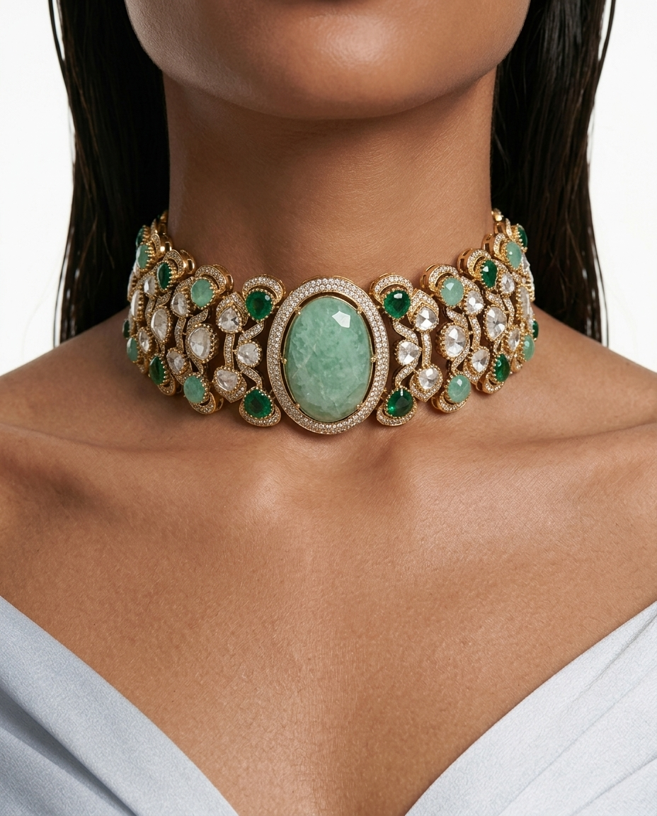 Aashi Emerald & Mint Kundan Statement Necklace – antique gold plated | PRERTO