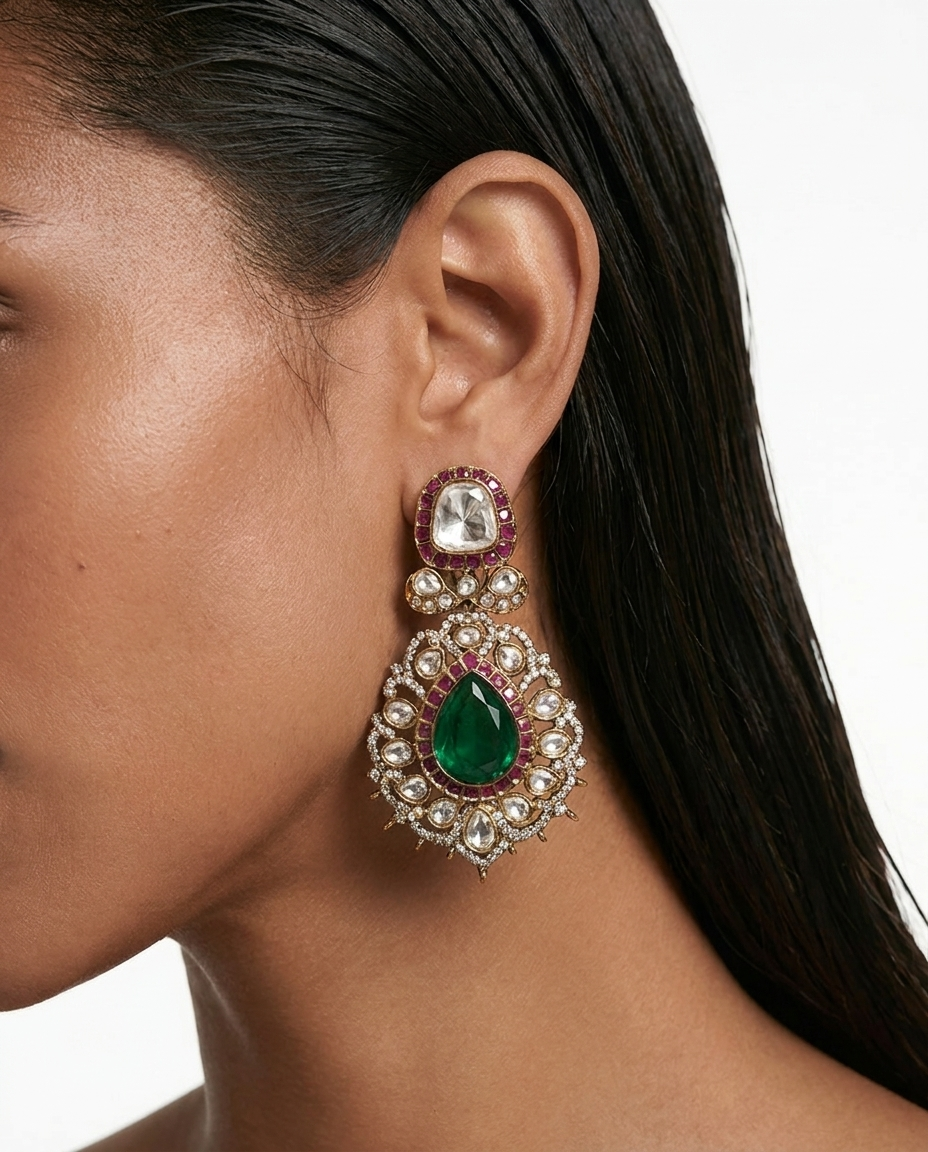 Reems Emerald Peacock Kundan Necklace Set – Necklace & Earrings