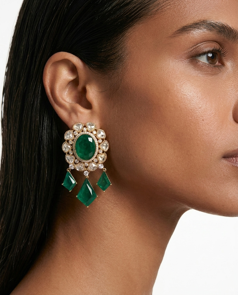 Zaria Emerald Moissanite Polki Kundan Drop Necklace Set – Necklace & Earrings