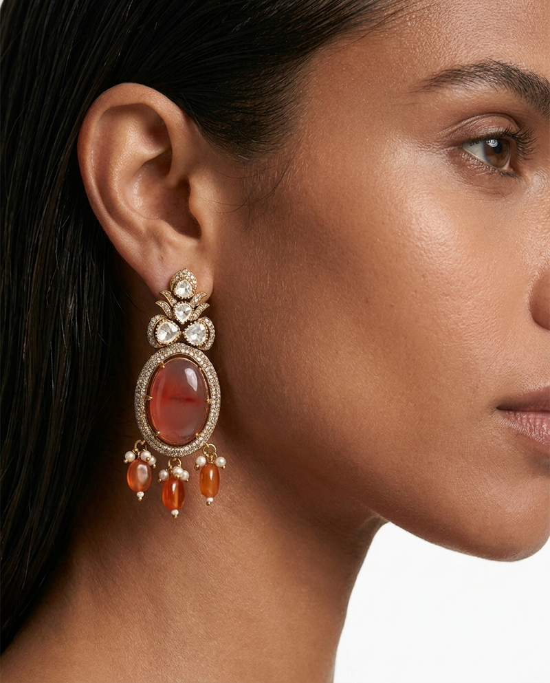 Maharani Raiya & Aashi Peach & Ruby Kundan Statement Necklace Set (2 Necklaces & 2 Earrings)