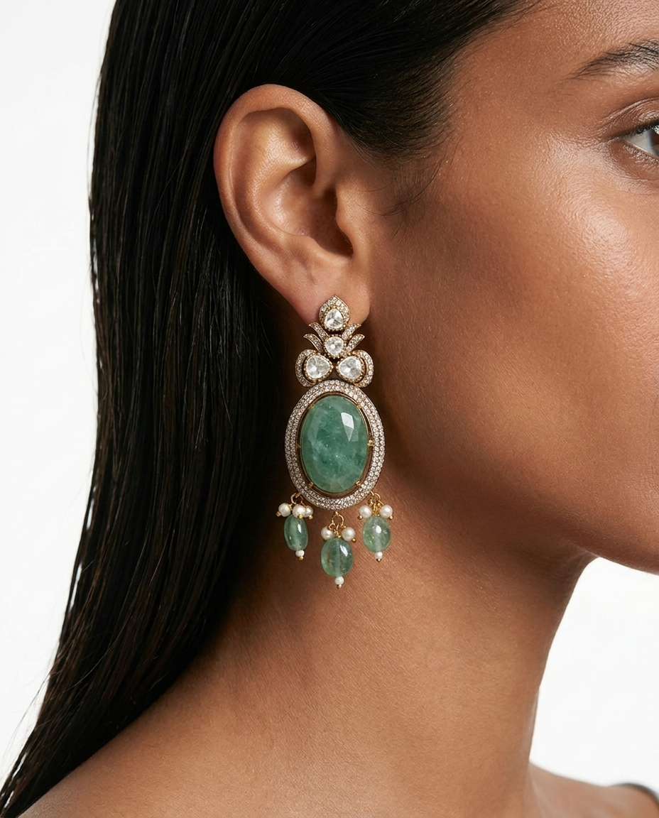 Maharani Zarfina Mint Maharani Imperial Diamond Haar Necklace Set & Aashi Emerald & Mint Kundan Statement Necklace Set (2 Necklaces & 2 Earrings)