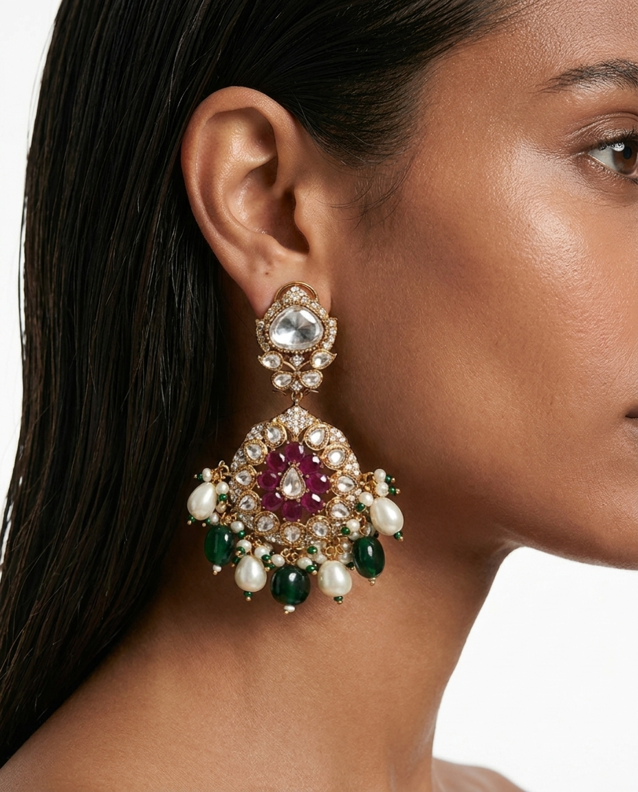 Maharani Aarizah & Rameesha Ruby, Emerald, Pearls & Moissanite Polki Kundan Bridal Necklace Set (2 Necklaces & 2 Earrings)