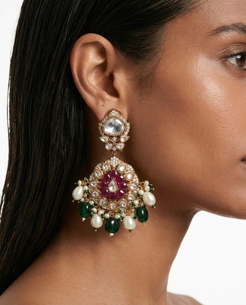 Maharani Aarizah & Rameesha Ruby, Emerald, Pearls & Moissanite Polki Kundan Bridal Necklace Set (2 Necklaces & 2 Earrings)