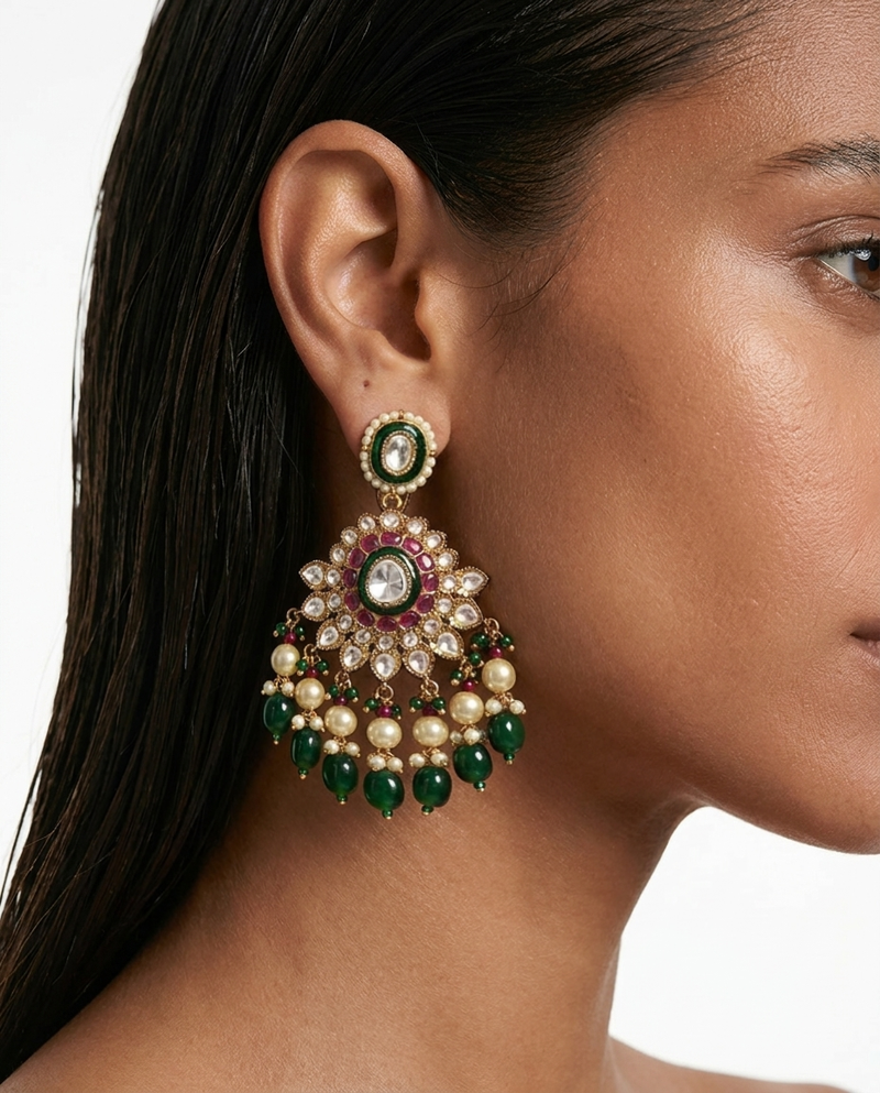 Maharani Rumiya & Mehreen Emerald, Ruby, Diamond, Pearls & Moissanite Polki Kundan Necklace Set (2 Necklaces, 2 Earrings & 1 Maang Tikka)