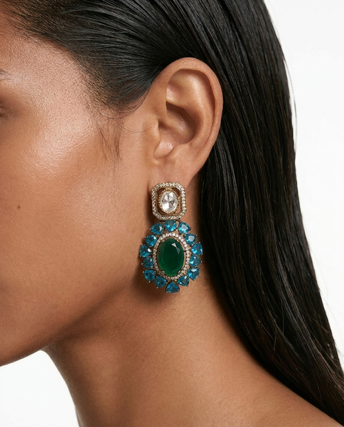 Raya Emerald & Blue Polki Statement Stud Earrings