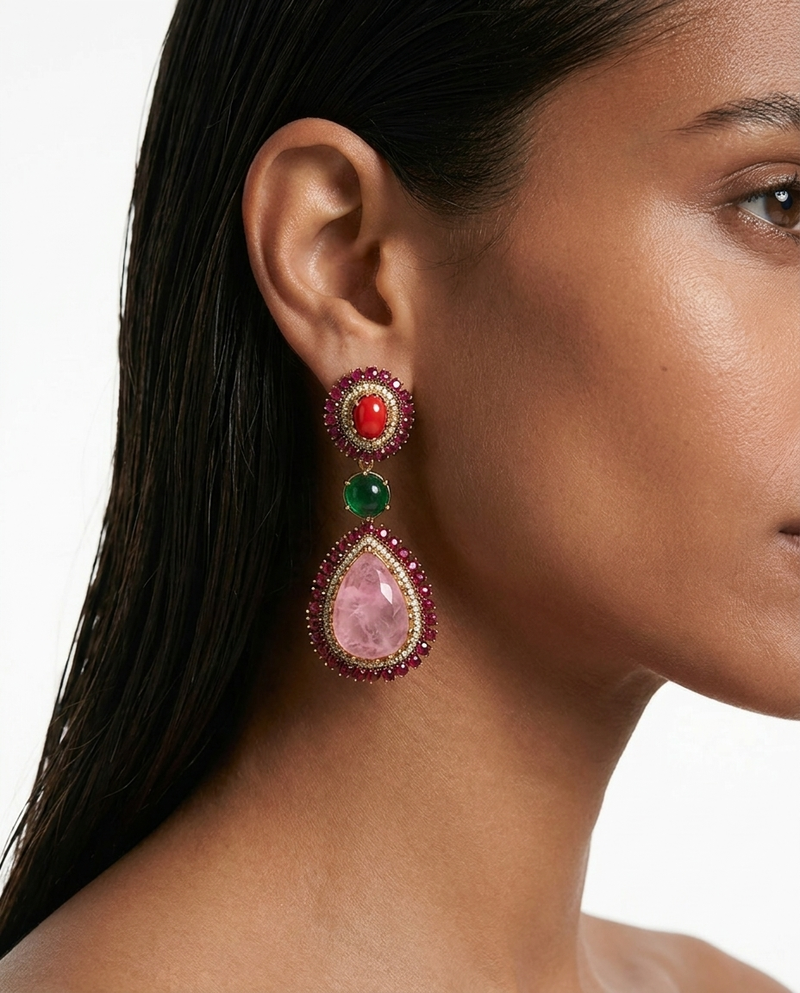 Yera Polki Kundan Pink & Emerald Statement Drop Earrings