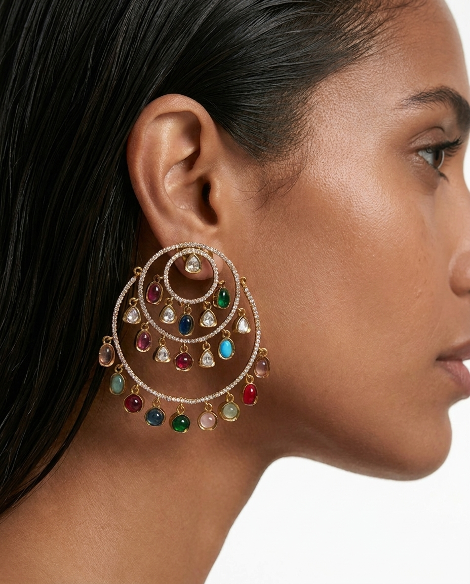 Zariya Multicolor Moissanite Polki Kundan Hoop Earrings