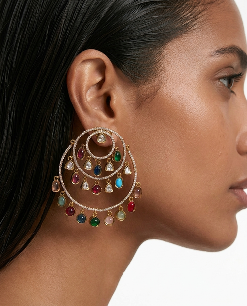 Zariya Multicolor Moissanite Polki Kundan Hoop Earrings