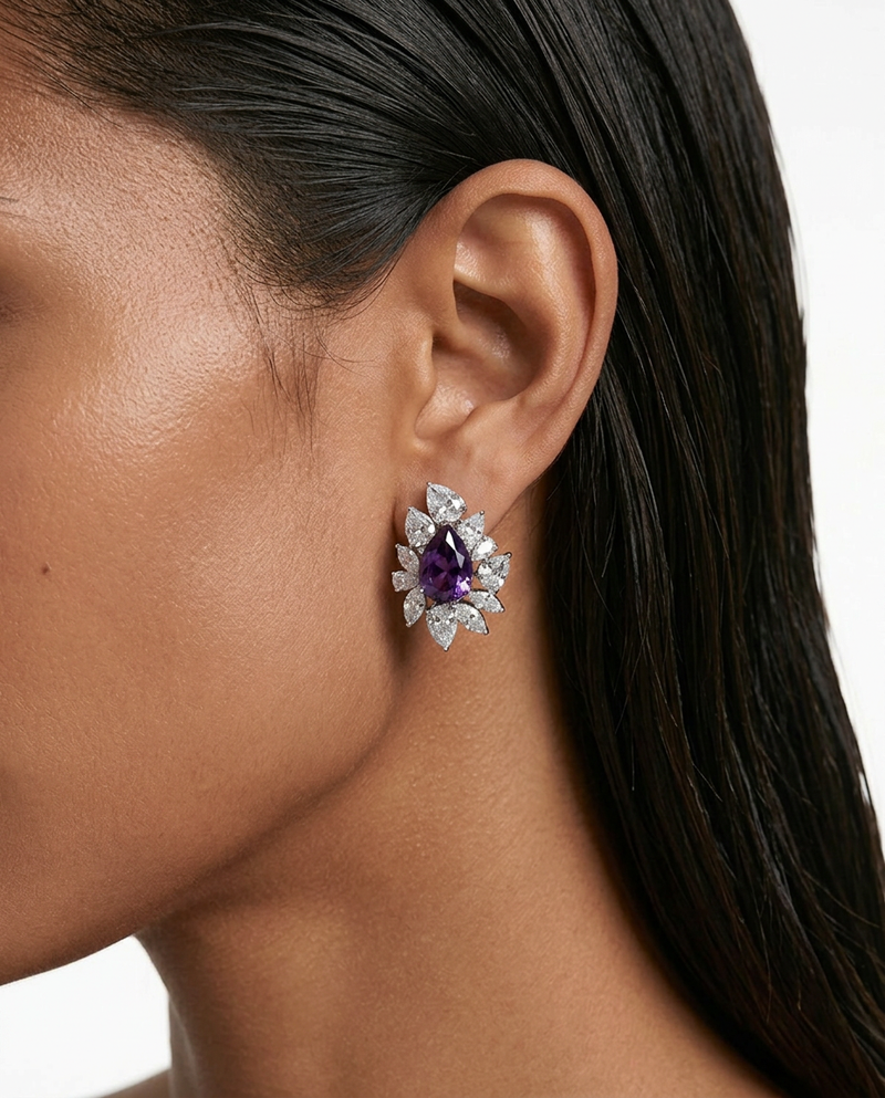 Lunéa Diamond-Like Zircon Purple Floral Stud Earrings