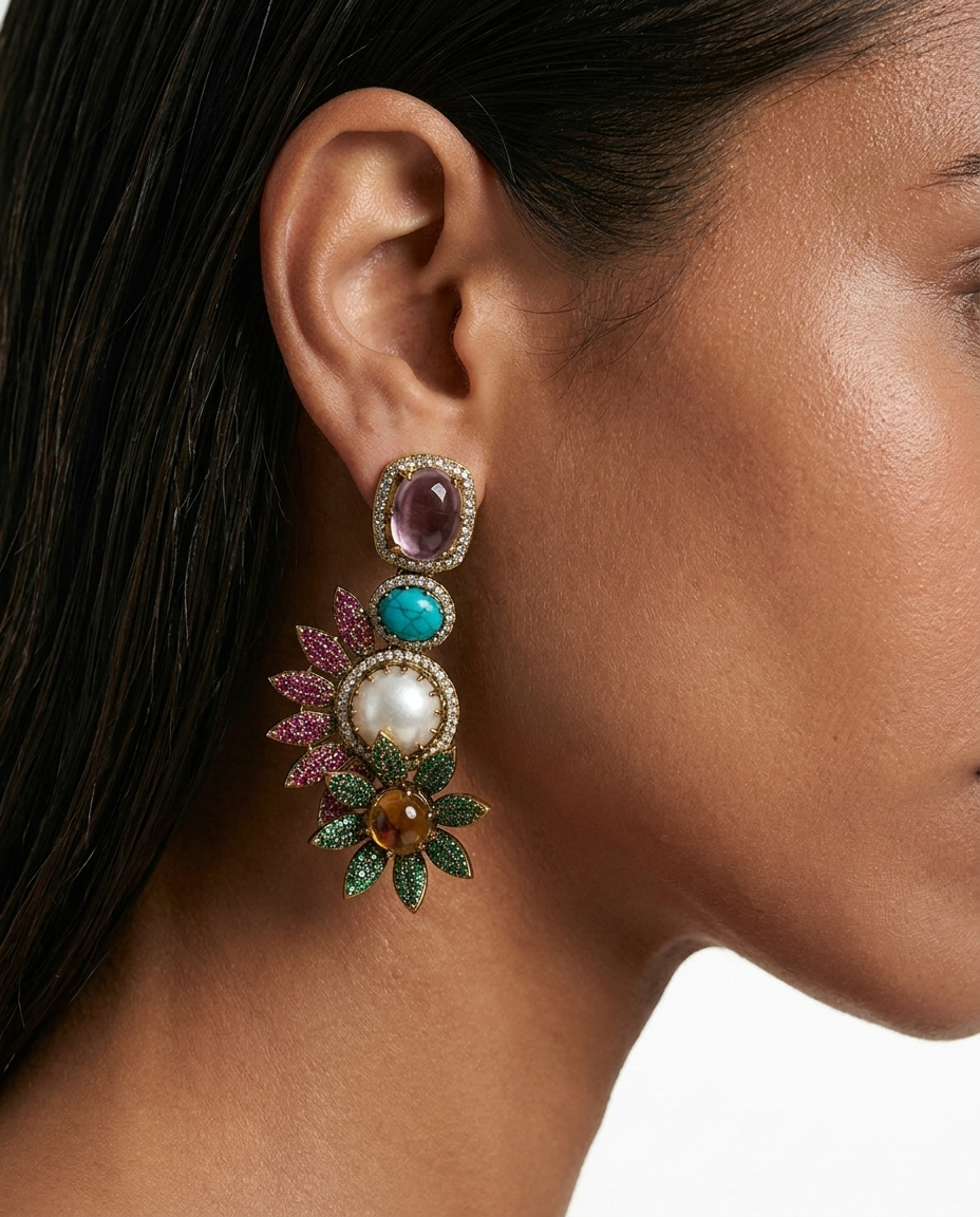 Kashvi Multicolor Pearl Polki Statement Stud Earrings