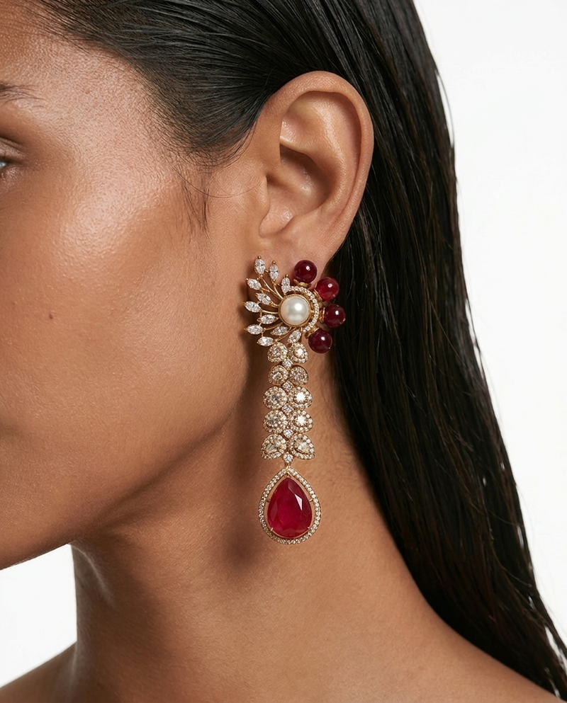 Yelina Polki Kundan Ruby & Pearl Drop Earrings