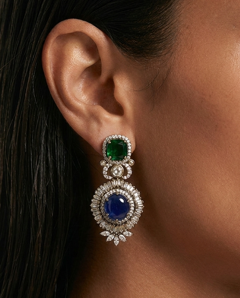 Aveen Diamond-Like Zircon Emerald & Sapphire Halo Statement Earrings