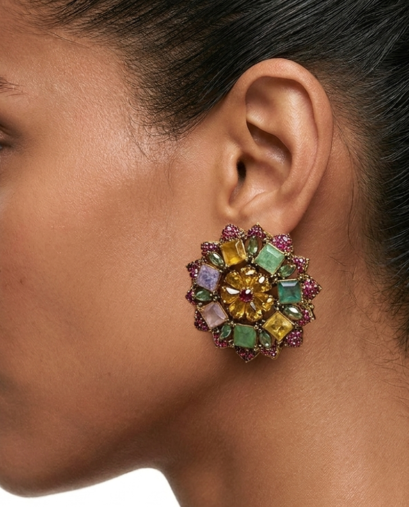 Mehrnaz Multicolor Citrine Floral Statement Stud Earrings