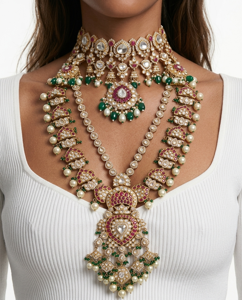 Maharani Aarizah & Rameesha Ruby, Emerald, Pearls & Moissanite Polki Kundan Bridal Necklace Set (2 Necklaces & 2 Earrings)
