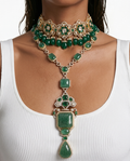 Maharani Raiya Emerald Drop Necklace Set & Anabia Emerald Floral Moissanite Polki Kundan Choker Necklace Set (2 Necklaces & 2 Earrings)