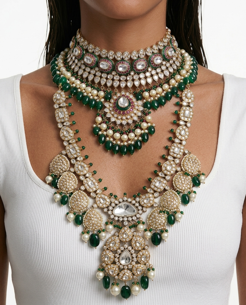 Maharani Rumiya & Mehreen Emerald, Ruby, Diamond, Pearls & Moissanite Polki Kundan Necklace Set (2 Necklaces, 2 Earrings & 1 Maang Tikka)