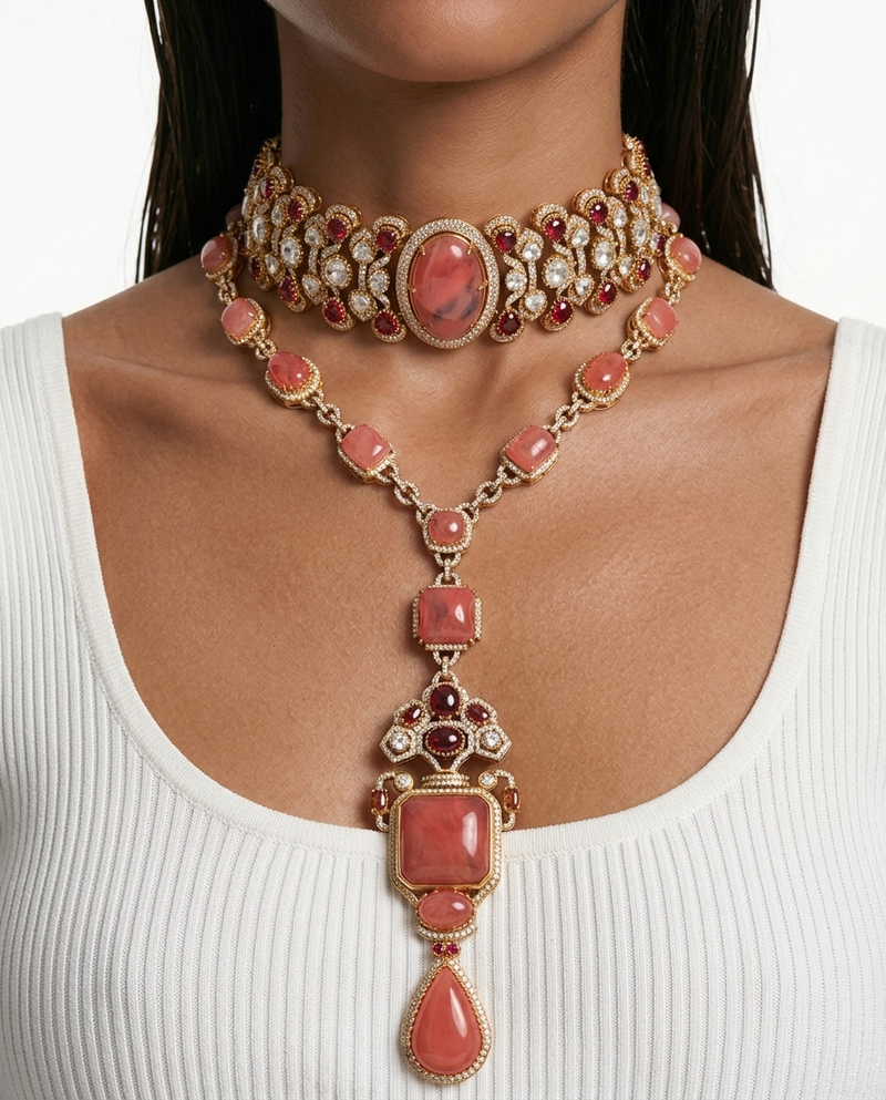 Maharani Raiya & Aashi Peach & Ruby Kundan Statement Necklace Set (2 Necklaces & 2 Earrings)