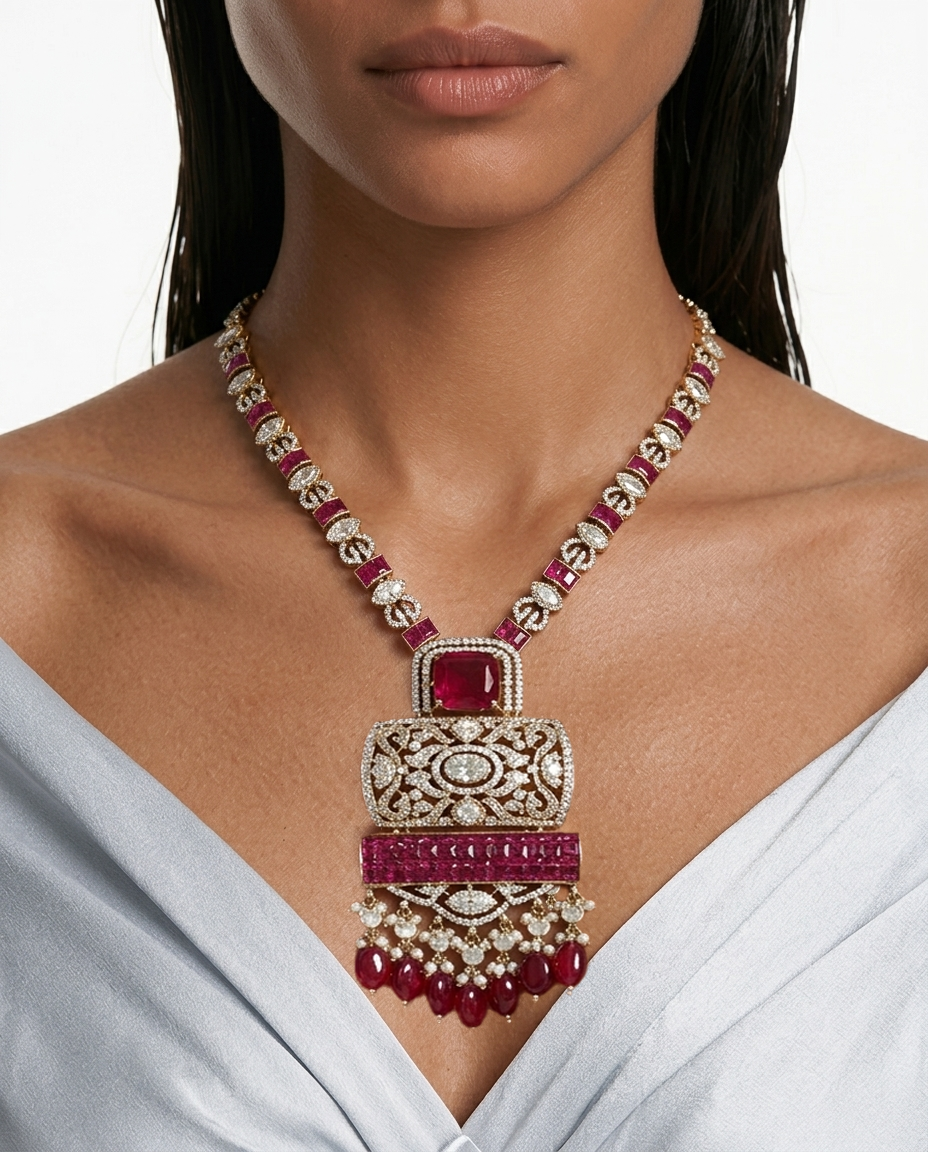 Zeyra Ruby Pearls Moissanite Polki Kundan with Zircon Diamond Detailing Statement Necklace