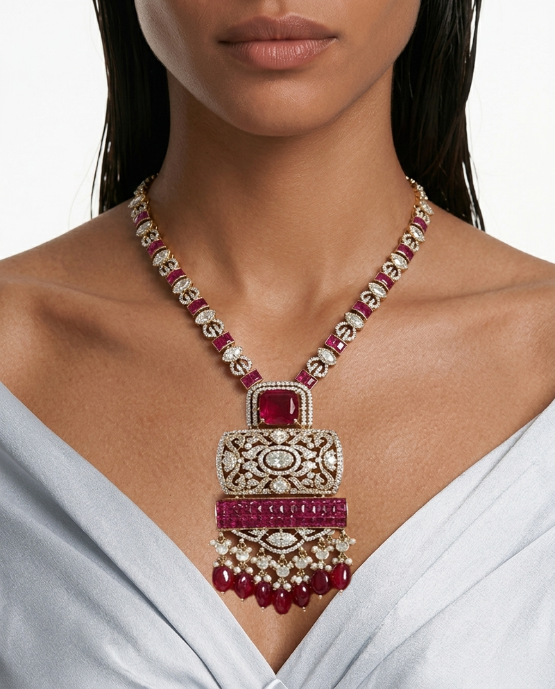 Zeyra Ruby Pearls Moissanite Polki Kundan with Zircon Diamond Detailing Statement Necklace