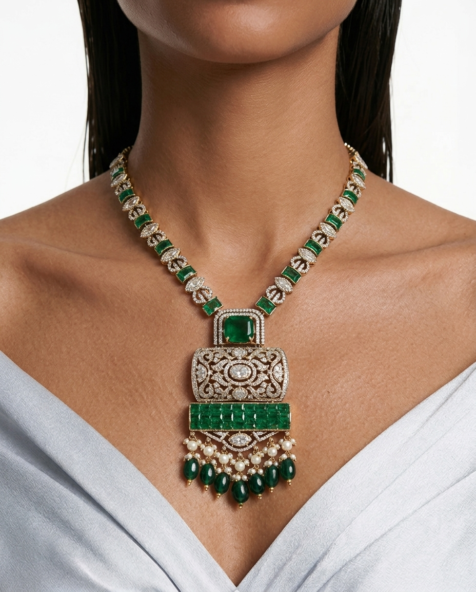 Zeyra Emerald Pearls Moissanite Polki Kundan with Zircon Diamond Detailing Statement Necklace