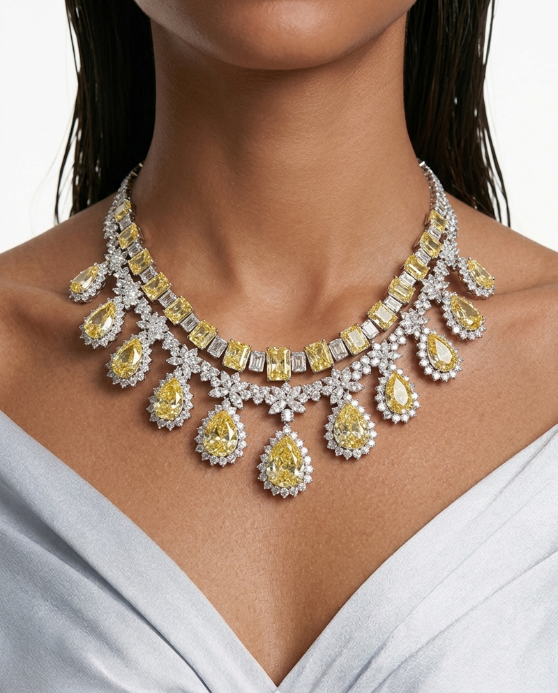 Maharani Dalia Citrine Teardrop Diamond-Like Zircon Statement Necklace Set & Dima Citrine and Diamond-Like Zircon Statement Necklace Set (2 Necklaces & 2 Earrings)