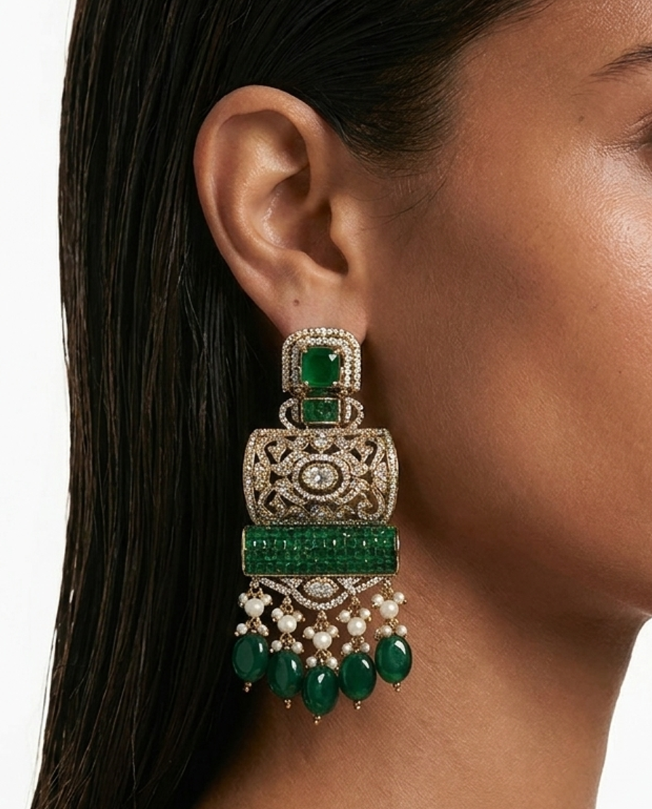 Zeyra Emerald Pearls Moissanite Polki Kundan with Zircon Diamond Detailing Statement Necklace