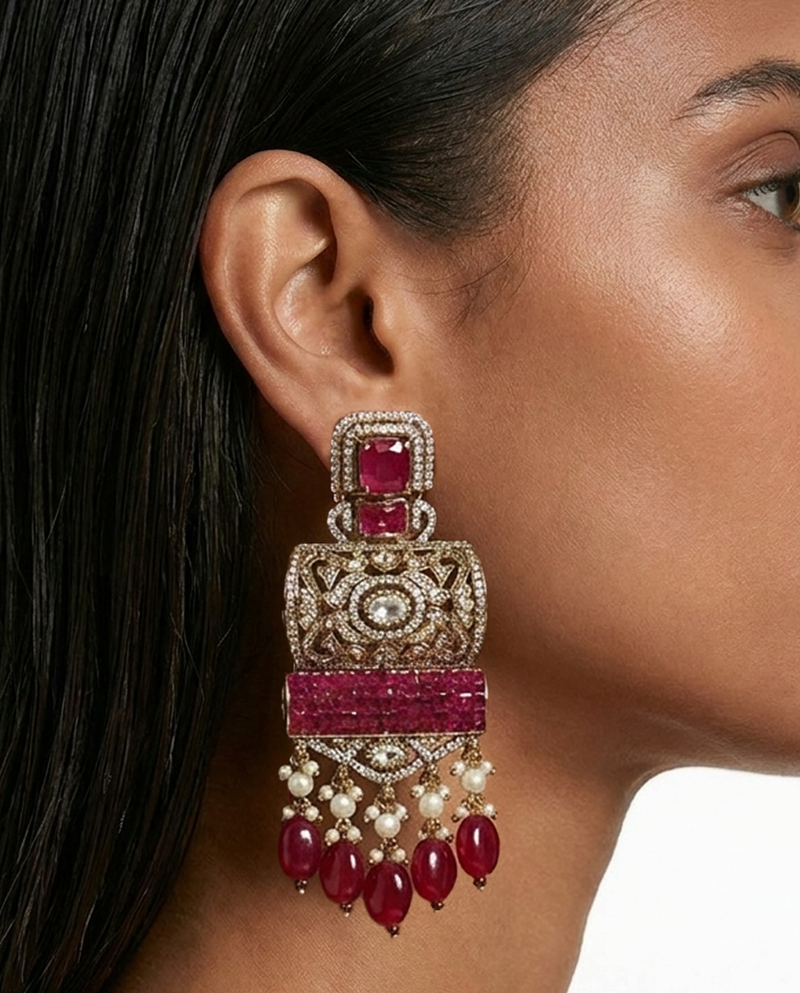Zeyra Ruby Pearls Moissanite Polki Kundan with Zircon Diamond Detailing Statement Necklace