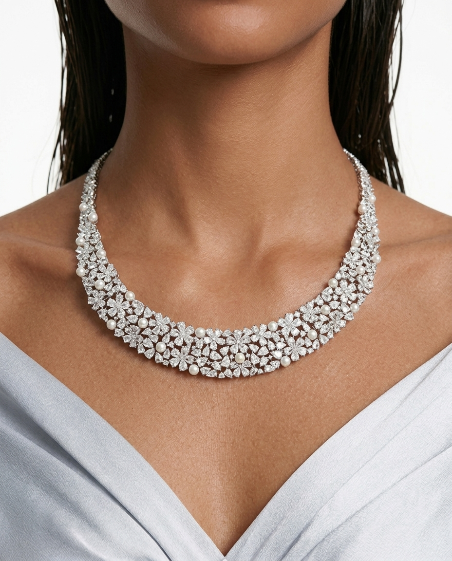 Maharani Karen Pearl and Diamond Necklace Set & Mahiba Diamond-Like Zircon Compressed Setting Statement Necklace Set (2 Necklaces & 2 Earrings)