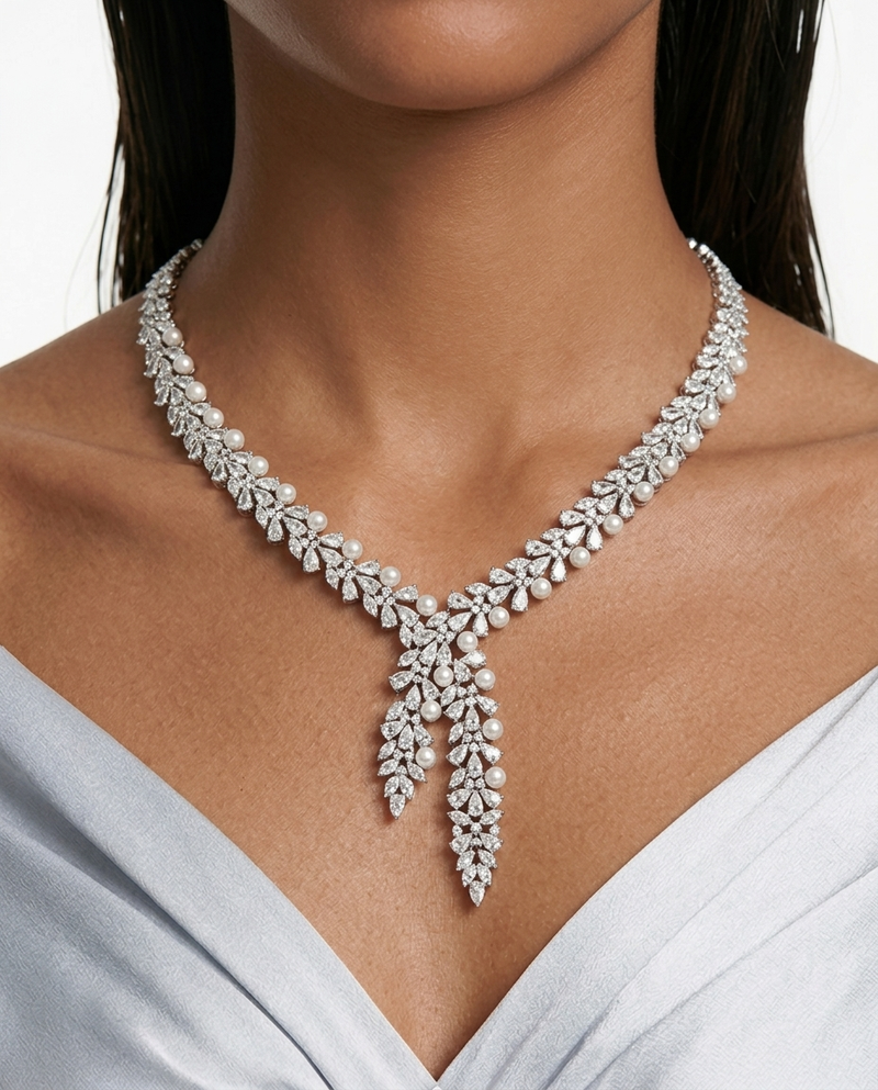 Maharani Heart & Diamond Necklace Set & Mahiba Diamond-Like Zircon Compressed Setting Statement Necklace Set (2 Necklaces & 2 Earrings)