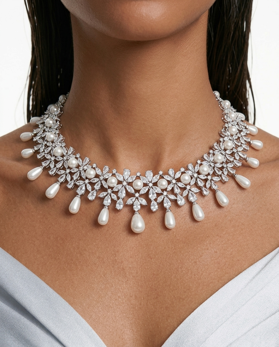 Maharani Paso Pearly Trio Diamond Necklace Set & Zoya Pearl and Diamond Necklace Set (2 Necklaces & 2 Earrings)