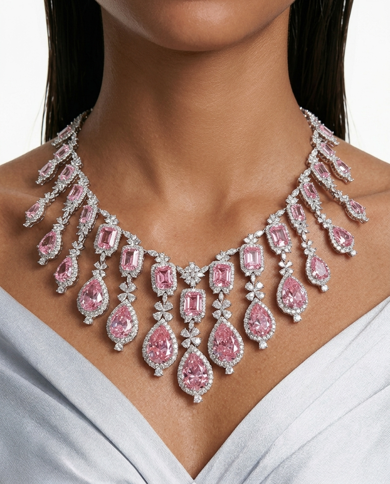 Maharani Eman Diamond-Like Zircon Pink Drop Pendant & Avela Pink Diamond-Like Zircon Drop & Niva Pink Leaf Drop Diamond-Like Zircon Necklace Set (3 Necklaces & 3 Earrings)