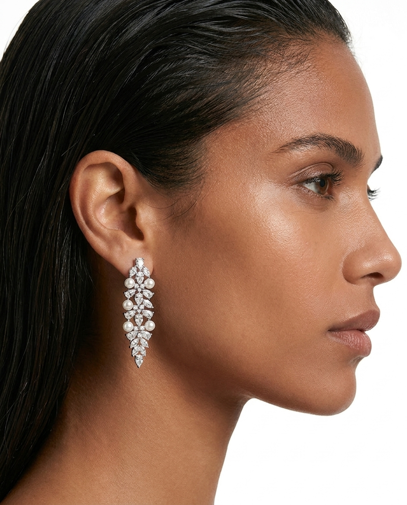 Maharani Karen Pearl and Diamond Necklace Set & Mahiba Diamond-Like Zircon Compressed Setting Statement Necklace Set (2 Necklaces & 2 Earrings)