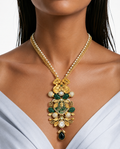Arezou Emerald Floral & Leaf Gold-Tone Pearl Chain Necklace Set – Necklace & Earrings