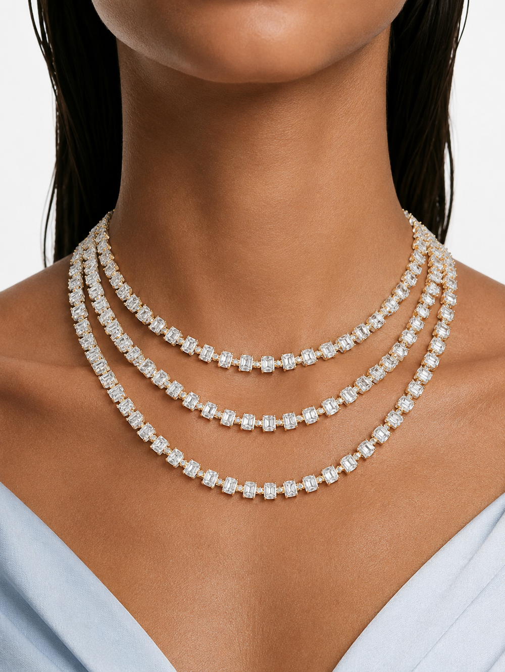 Aaiza 3-Layer Gold-Tone Diamond-Like Zircon Necklace Set – Necklace & Earrings