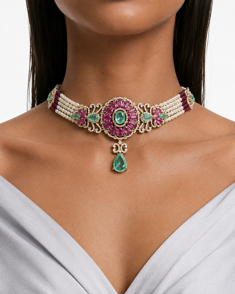 Suhana Mint Diamond-Like Zircon Statement Necklace Set– Necklace & Earrings