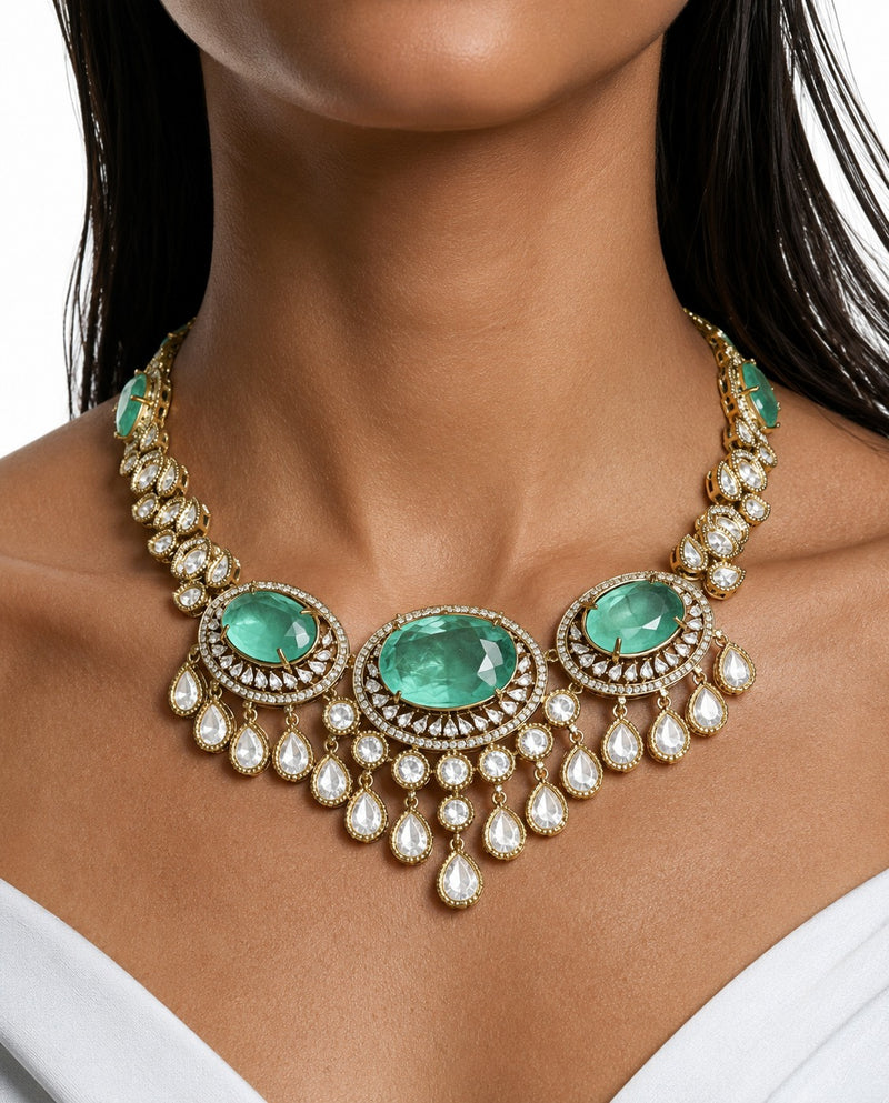 Eira Mint Moissanite Polki Kundan Necklace Set – Necklace, Earrings & Maang Tikka