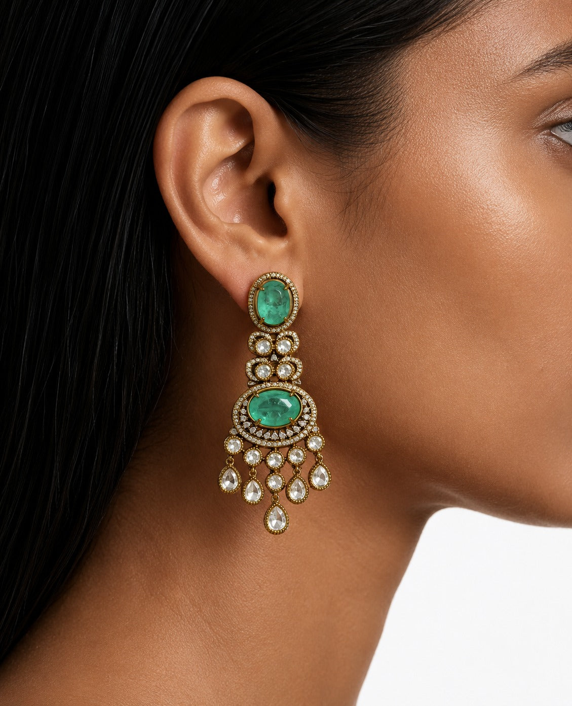Eira Mint Moissanite Polki Kundan Necklace Set – Necklace, Earrings & Maang Tikka