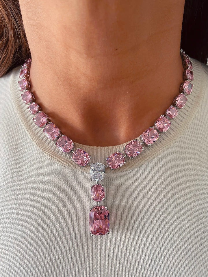 Maharani Nayara Pink Diamond-Like Zircon Leaf Petal Choker & Elina Blossom Pink Square Drop Diamonte Statement Necklace Set – 2 Necklaces & Earrings