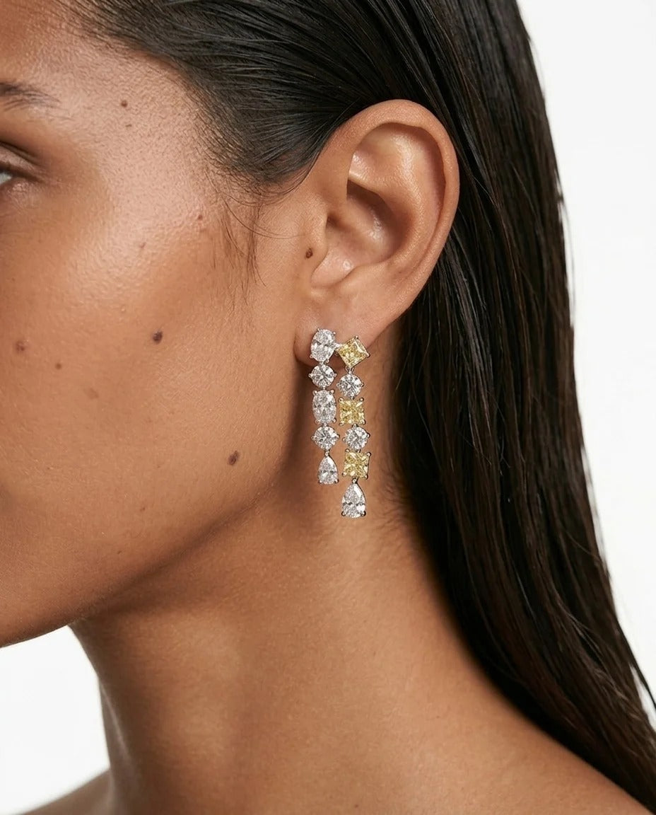Maharani Niharika Citrien Vierkant & Zinnia Citrien Dubbele Druppel Diamanten Kettingset (2 Kettingen & 2 Oorbellen)