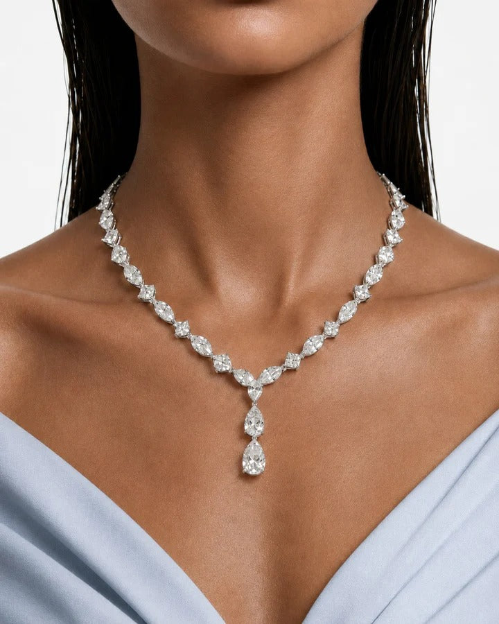 Maharani The Enchant Drops Diamond-Like Zircon Statement & Dimonte Veil Heart Diamond Tear Drop Necklace Set – 2 Necklaces & Earrings