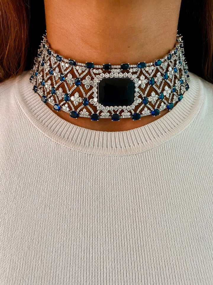 Maharani Valessa Diamond-Like Zircon Sapphire Statement & Sapphire Appliqué Dimonte Choker Necklace Set – 2 Necklaces & Earrings