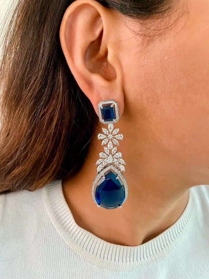 Maharani Nayara Sapphire Diamond-Like Zircon Leaf Petal Choker & Sapphire Drop Dimonte Floral Necklace Set – 2 Necklaces & Earrings