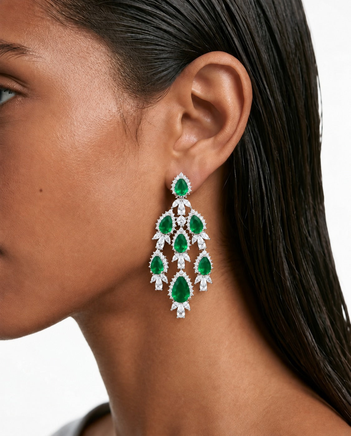 Emerald Esme Diamond-Like Zircon Cascade Drop Choker Necklace Set – Necklace & Earrings
