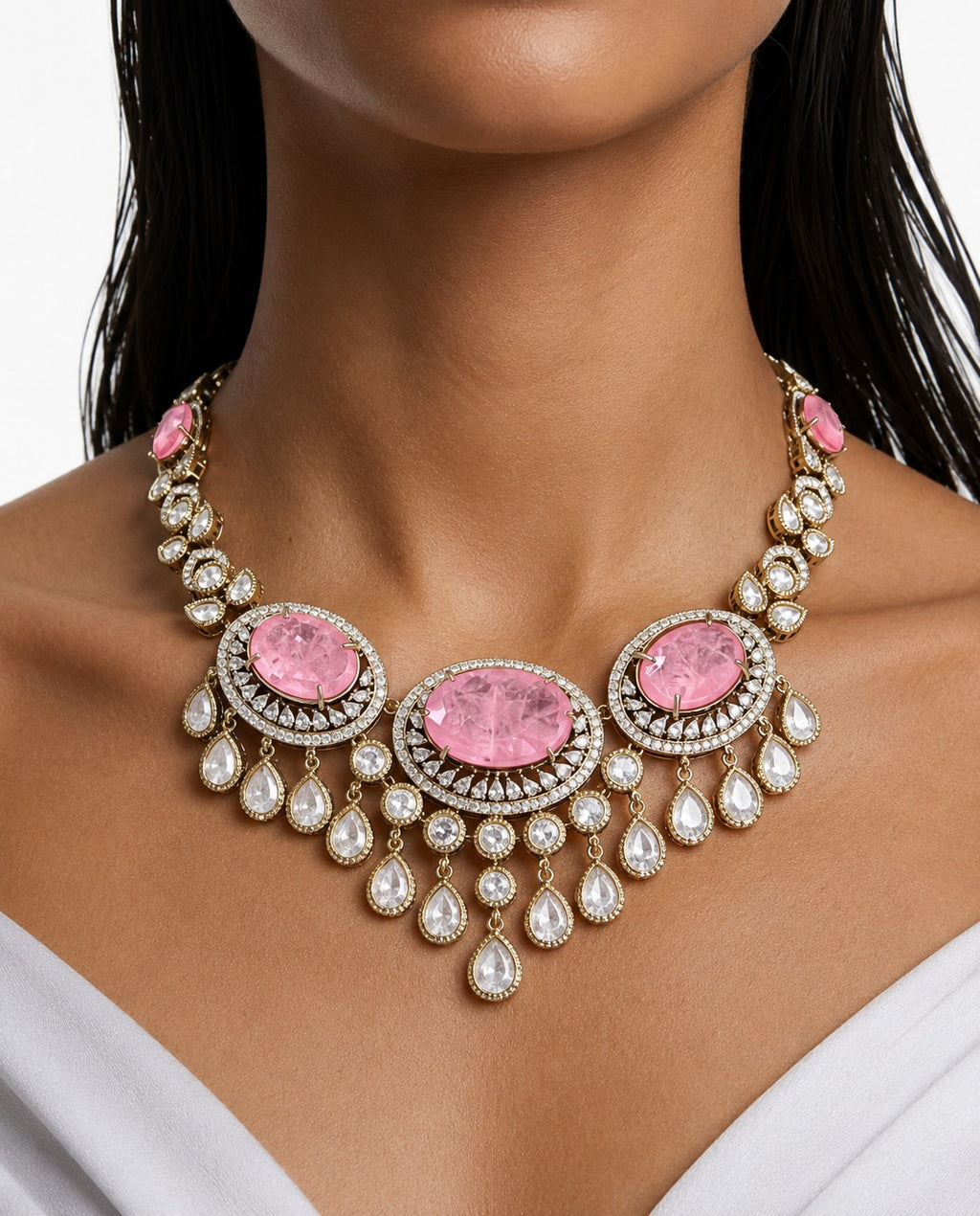 Eira Pink Moissanite Polki Kundan Necklace Set – Necklace, Earrings & Maang Tikka