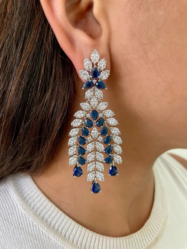 Maharani Valessa Diamond-Like Zircon Sapphire Statement & Heart Sapphire Diamond Necklace Set – 2 Necklaces & Earrings