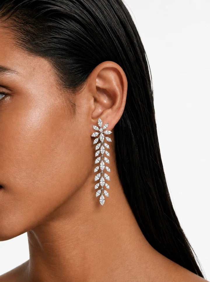 Maharani Uklo Leaflet Drops Lariat Style Diamond Zircon Statement Necklace & Nayara Diamond-Like Zircon Leaf Petal Choker Necklace Set – 2 Necklaces & Earrings