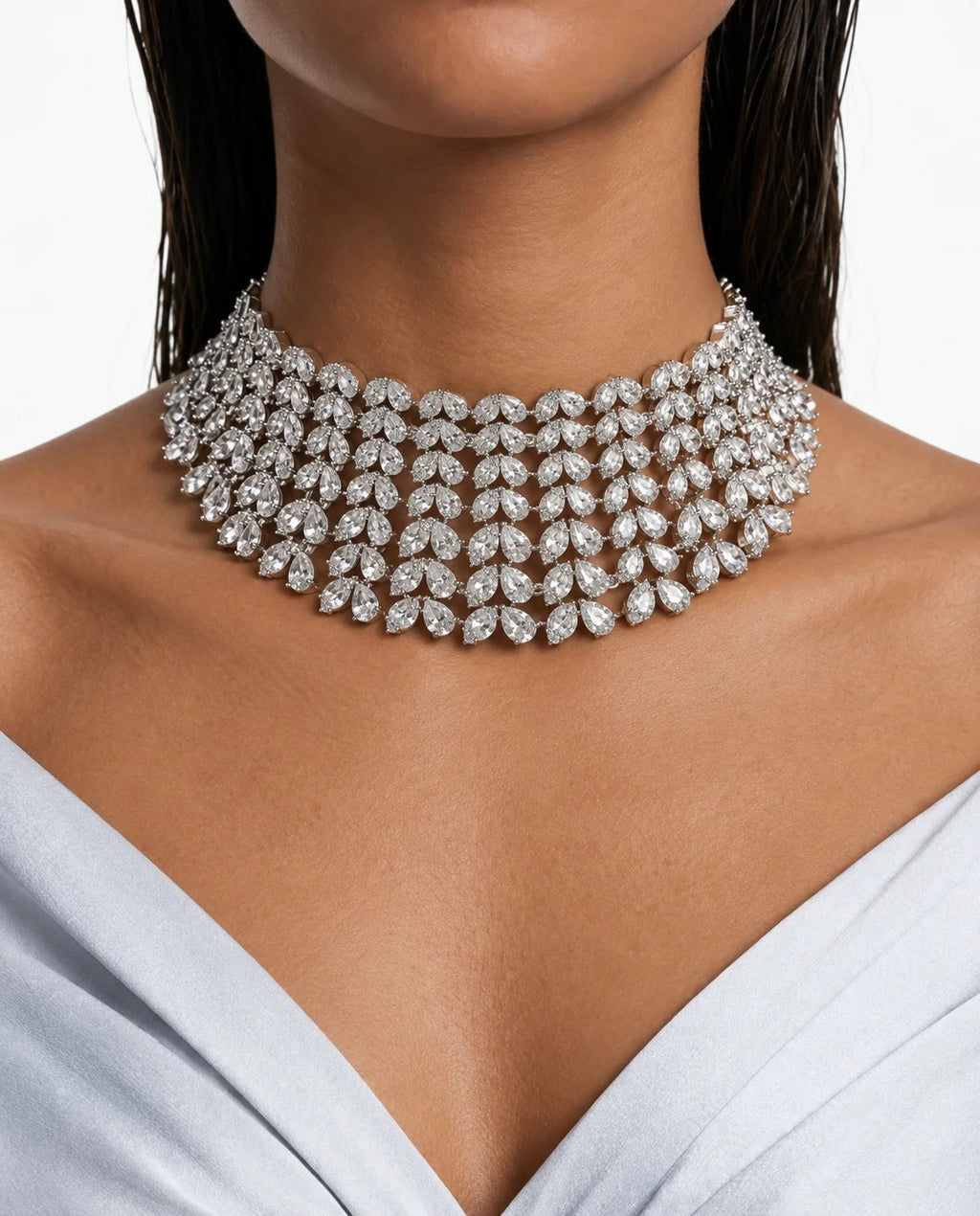 Juego de collar de diamantes con forma de corazón y gota de doble línea de diamantes Maharani Winnie (2 collares y 2 aretes)