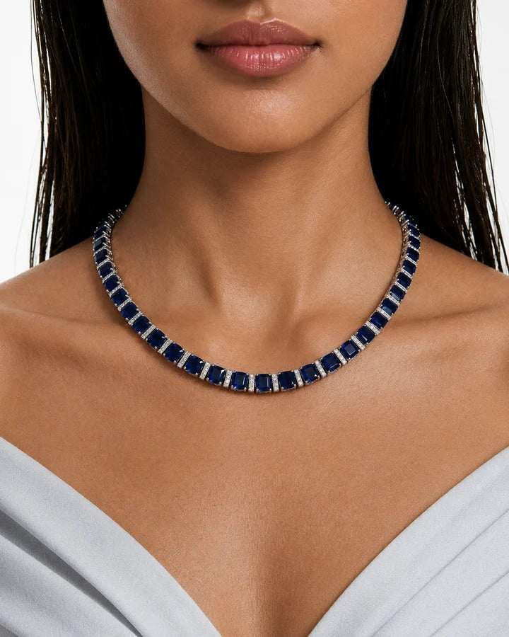 Riviera Sapphire & Zircon Diamond Single Line Tennis Necklace Set (Necklace & Earrings)