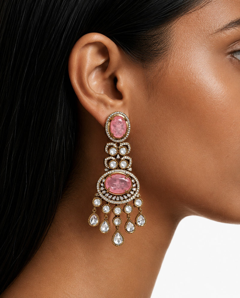 Eira Pink Moissanite Polki Kundan Necklace Set – Necklace, Earrings & Maang Tikka